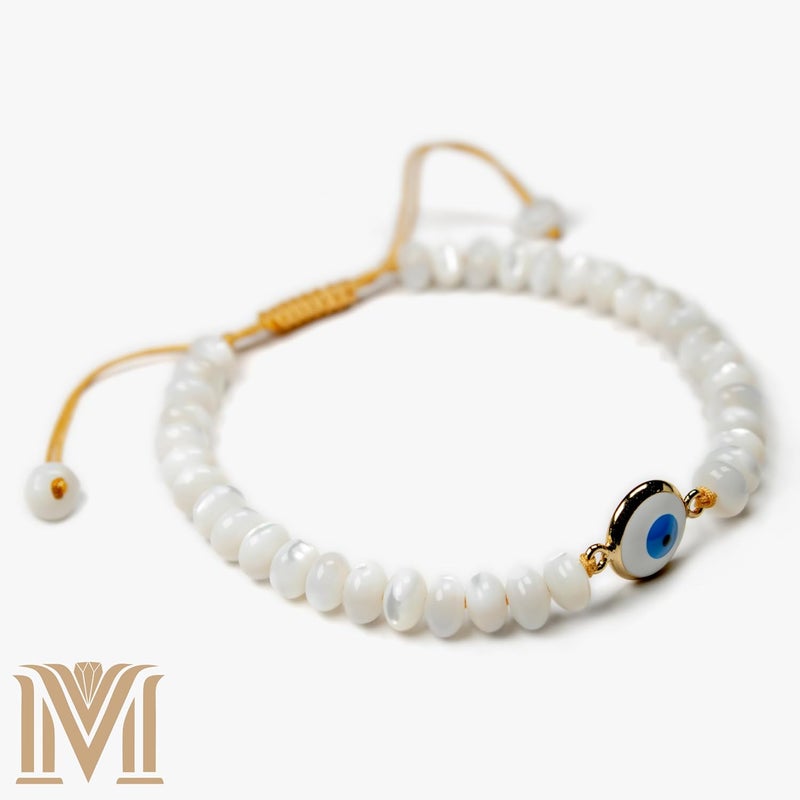 Mana Gallery Handmade Evil Eye Bracelet – White Mother of Pearl Beads with Gold-Plated Blue Eye Charm – Adjustable Macramé Cord – Protective Jewelry Gift for Women - Image 3